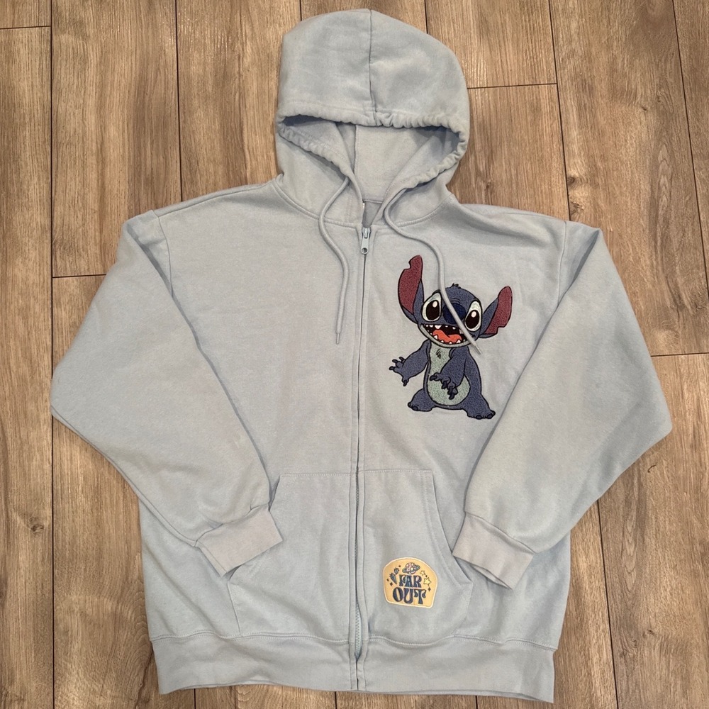 Disney Stitch Zip Up Hoodie Sweatshirt LT Blue XXL Embroidered Graphic "Far Out"